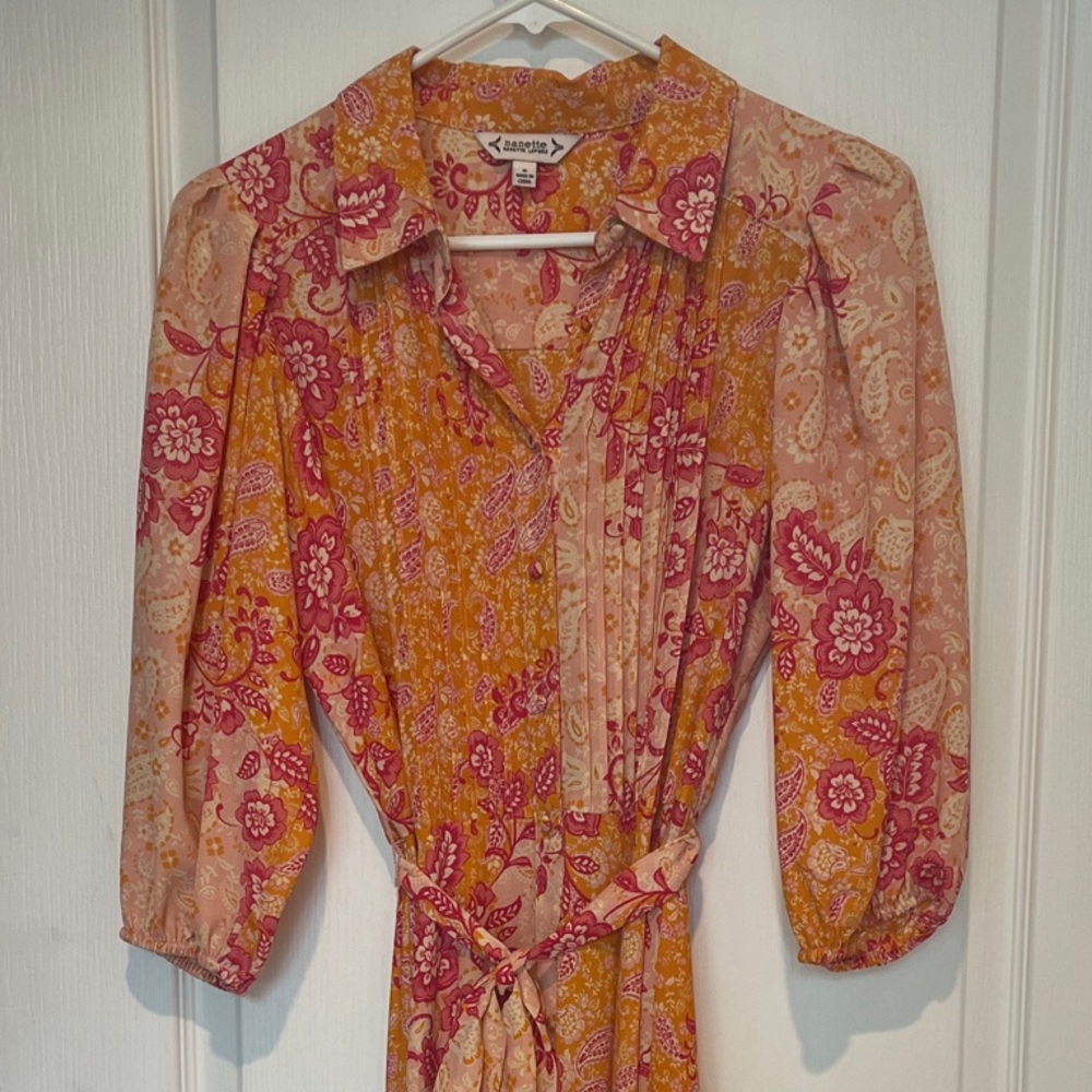 Nanette Lepore Mustard & Pink Floral Paisley Button-Up Pleated Dress